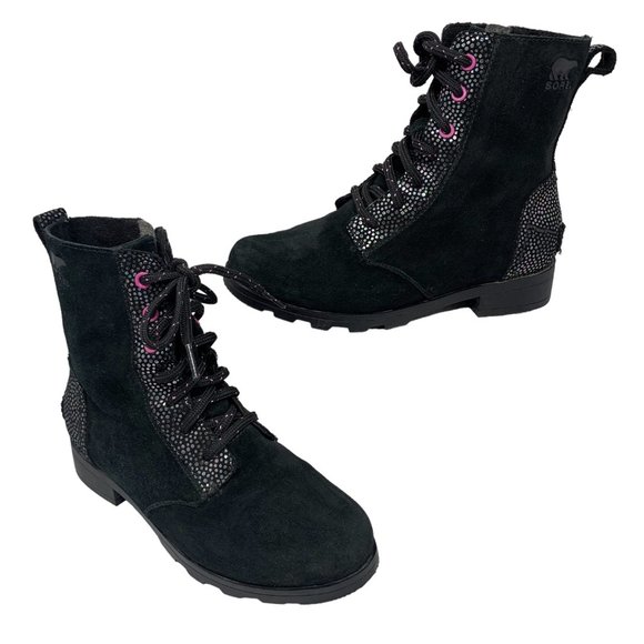Sorel Emelie‎ Waterproof Black Suede with Lavender Accents Combat Boots - Picture 11 of 11